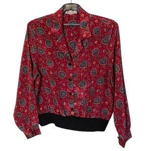 Vintage paisley floral red Blouse long Sleeved satin women’s size L